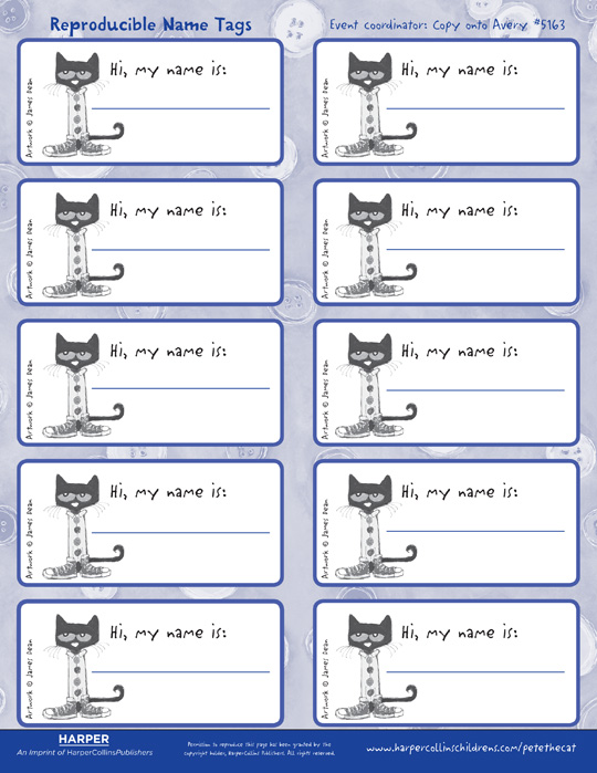 Pete The Cat And His Four Groovy Buttons Name Tags
